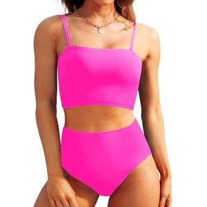 Tempt Me Women Hot Pink Two Piece High Waisted Bandeau Bikini Sexy Strapless M